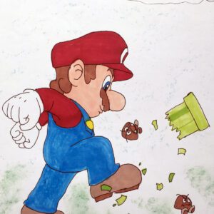 Painting of Mario cartoon crushing something from foot