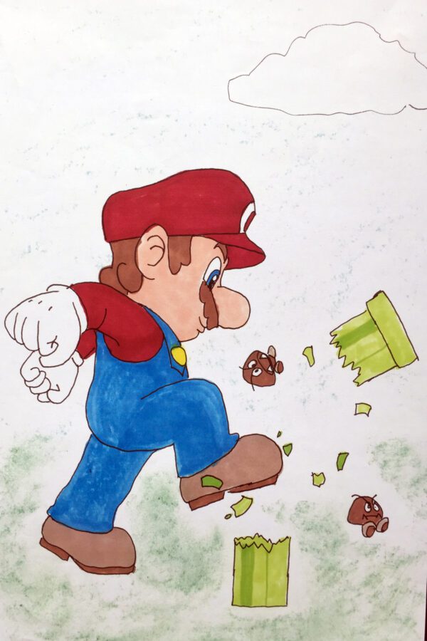 Painting of Mario cartoon crushing something from foot