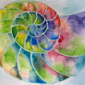 A vibrant watercolor painting of a spiral seashell with rainbow colors blending smoothly.