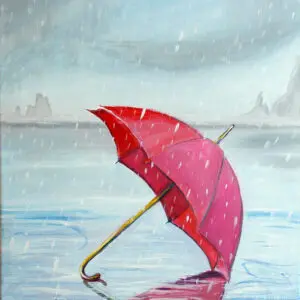 A watercolor painting of a red umbrella and rain