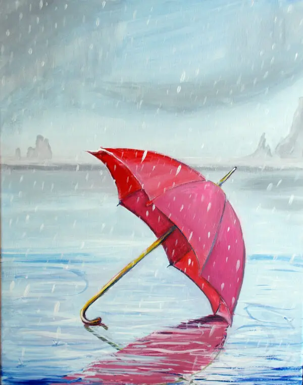 A watercolor painting of a red umbrella and rain