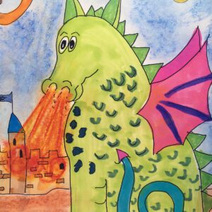 A colorful drawing of a green dragon breathing fire near a castle with pink wings and a blue tail.