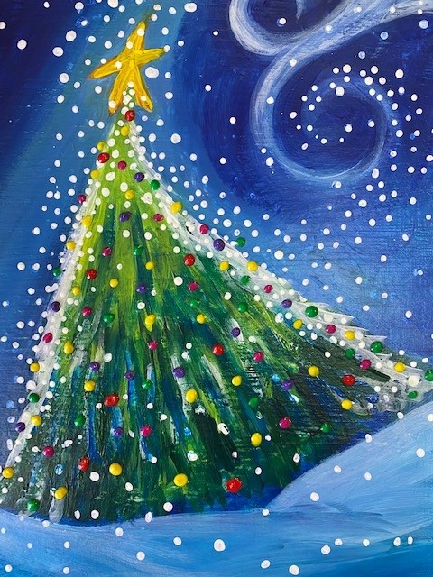 A Christmas Tree on Snow Under a Night Sky Painting