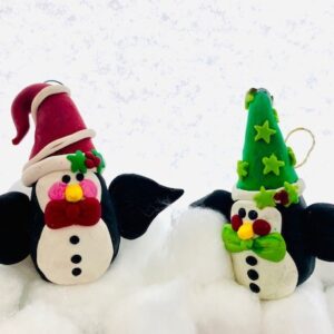 Two Little Snowman With Wings and Caps Ornaments