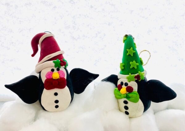 Two Little Snowman With Wings and Caps Ornaments