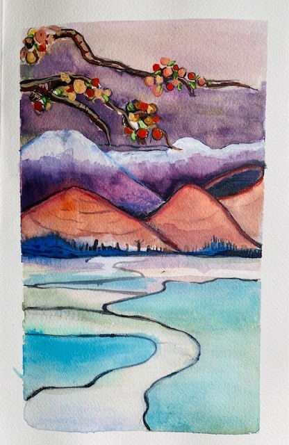 Mountains, and Valley Landscape Watercolor Painting