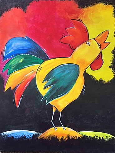A colorful, abstract painting of a rooster with vibrant feathers against a red and black background.