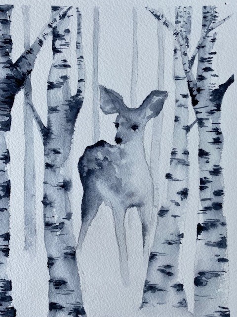 A monochrome watercolor painting of a deer