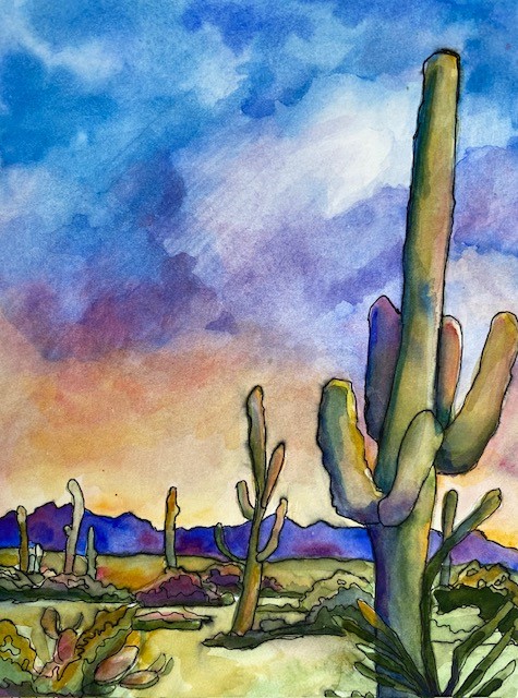 Watercolor Cactus Landscape Painting Image