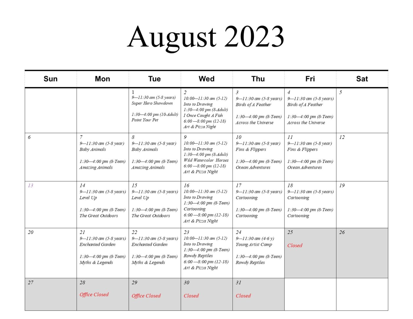 2023 Summer Calendar camps only August