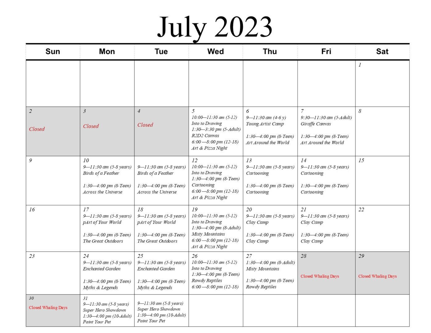 2023 Summer Calendar camps only july