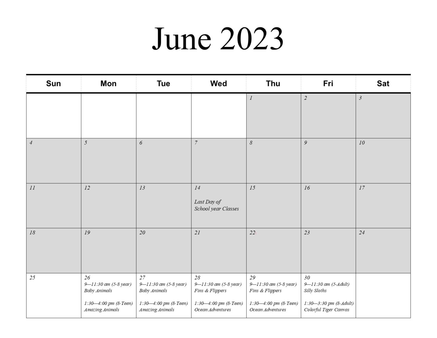2023 Summer Calendar camps only