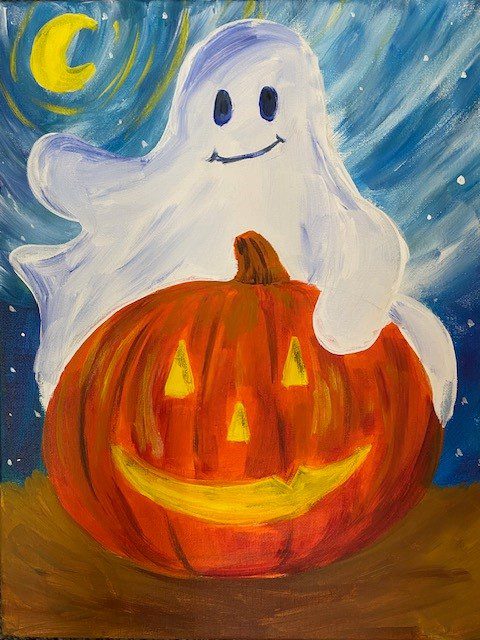 A Pumpkin With a Ghost Painting in Color